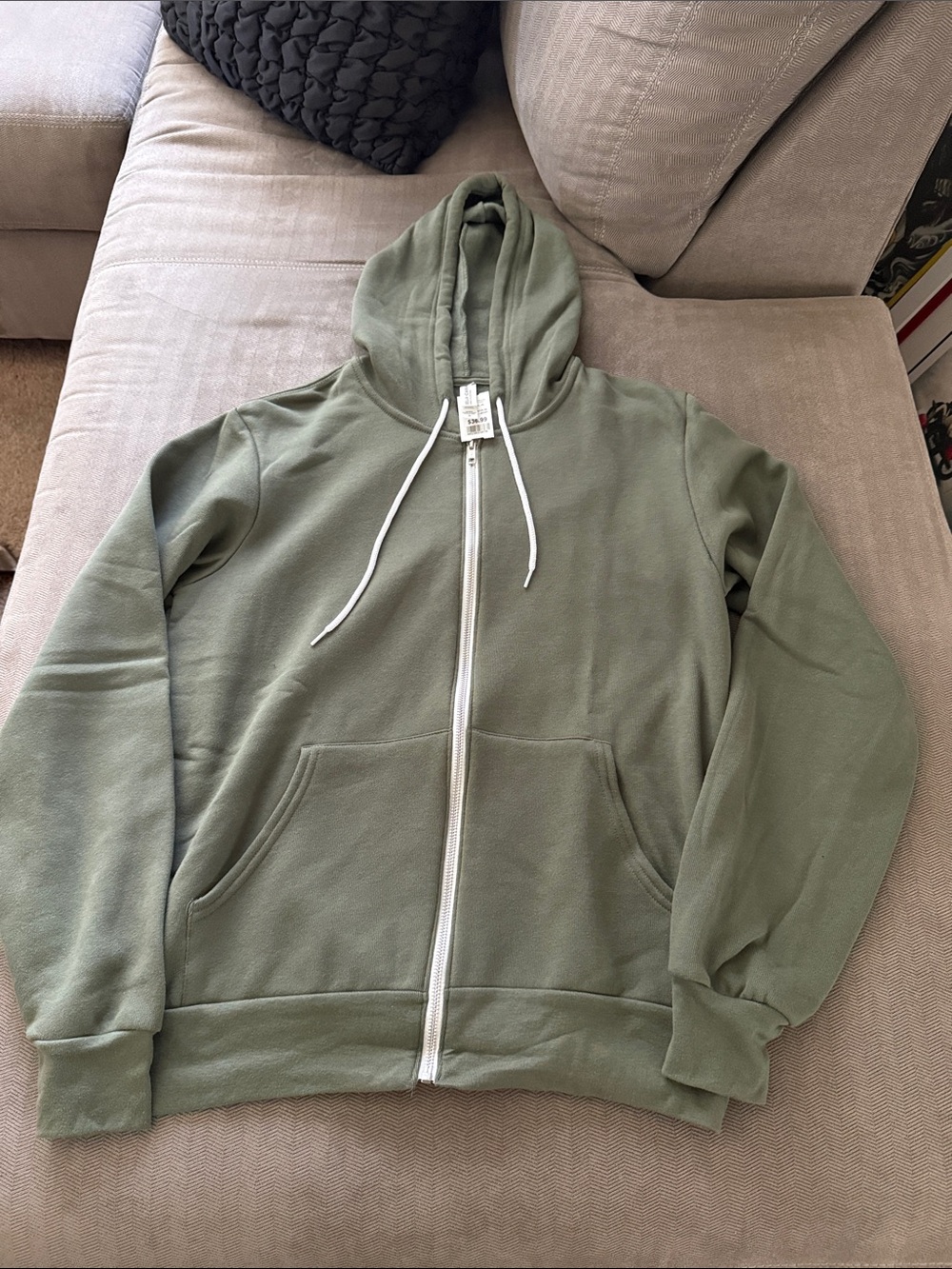 Bella Canvas Olive Green Zip-Up Hoodie with White Zipper - NEW!